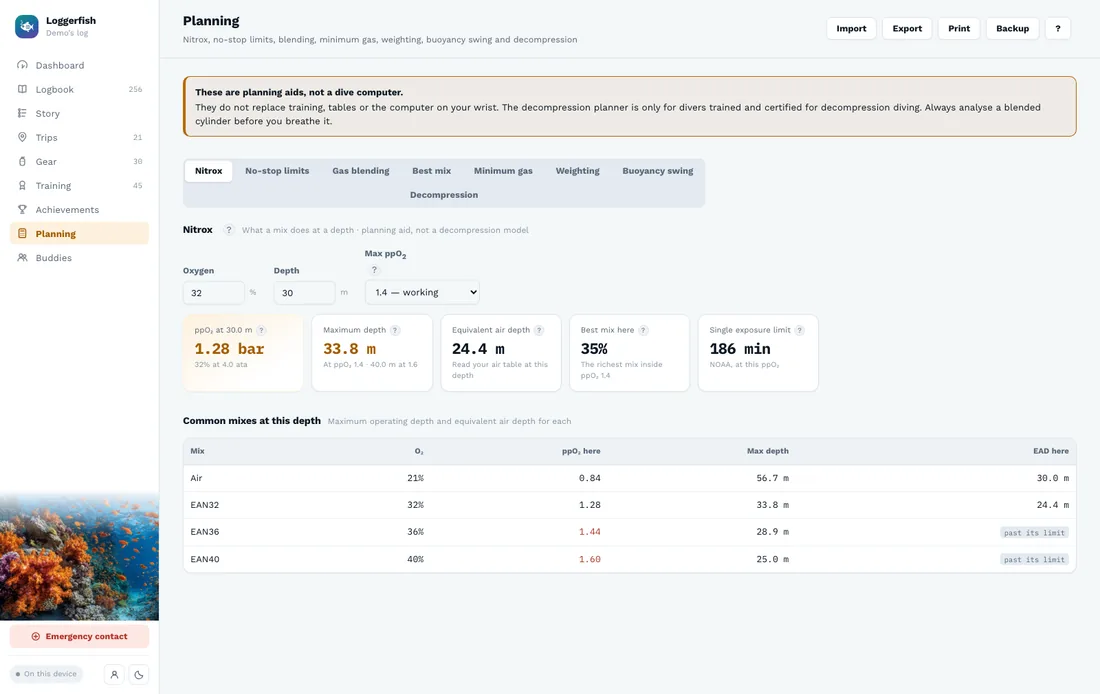 The Loggerfish planning tab with the nitrox calculator open