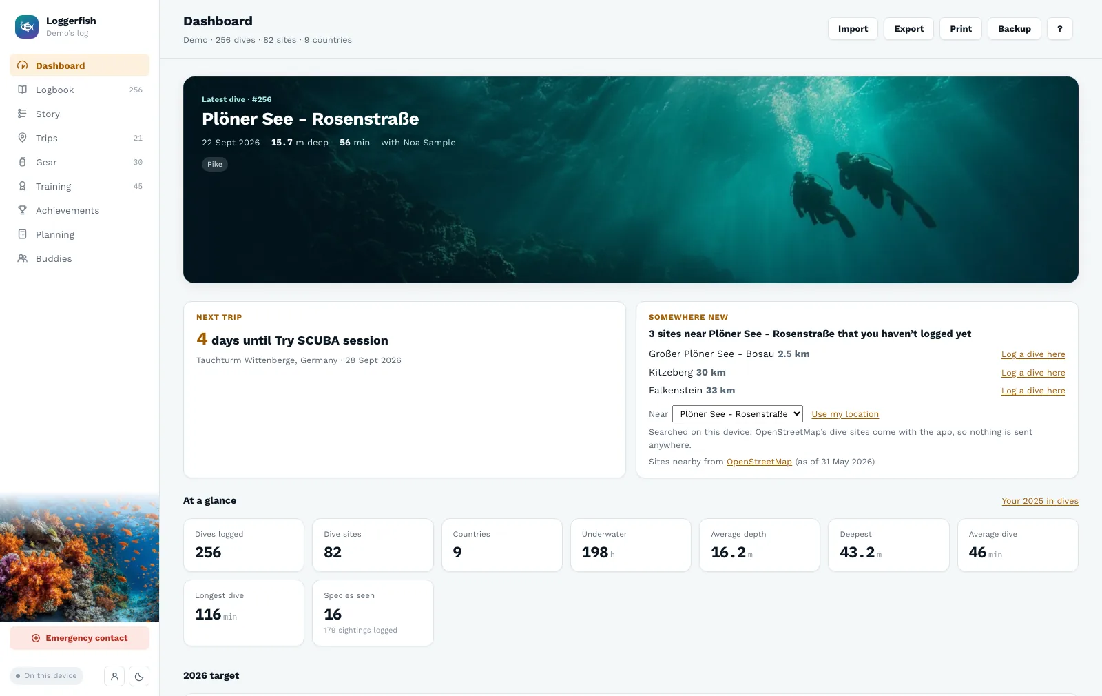 The Loggerfish dashboard: latest dive, the next trip, totals and a yearly target
